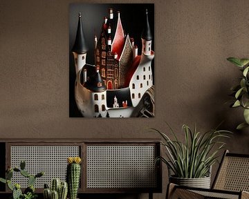 Miniature castle rock surreal porcelain white black red old