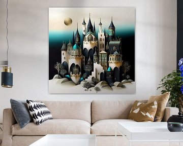 Miniature castle rock surreal white black turquoise gold by gm_designs