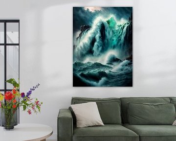Roaring waterfall rocks thunderstorm dramatic sea spray