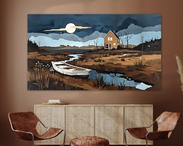 eenzaam huis aan rivier, nacht - collage van Nick Wendt