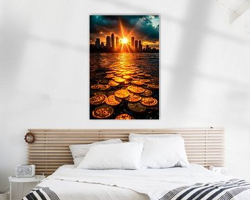 Sonnenuntergang über Stadt und Münzen von Art & Soul Creations
