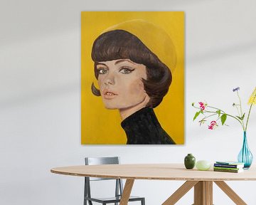 Olieverf portret Vrouw met gele hoed, vintage van Jennemie De Beer