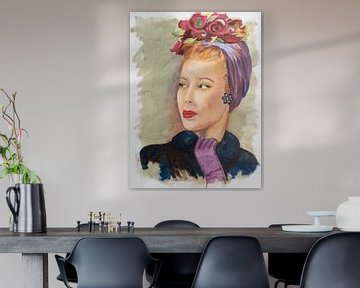 Olieverf portret vrouw met paarse hoed, vintage van Jennemie De Beer