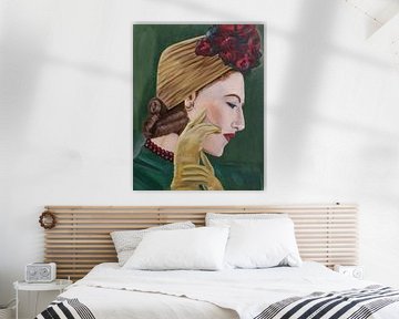 Oil portrait woman with hat vintage by Jennemie De Beer