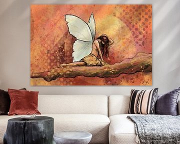 Fantasie kunst in vurige kleuren rood oranje roze en geel - fee op een tak van Emiel de Lange