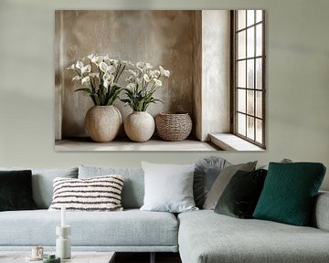 Japandi Bloemen Stilleven | Whispering Callas in Earth Tones van Kunst Kriebels