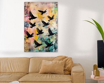 Zwarte vogels tegen kleurrijke achtergrond van Art & Soul Creations