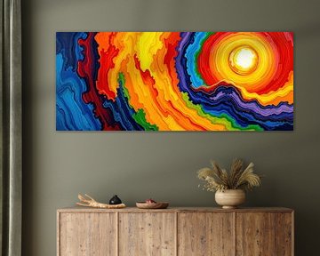 Zonnekracht geboren in licht - een abstracte zon in het kleurenwiel van de regenboog als symbool van oorsprong, verandering en innerlijke uitstraling van AidasignArt