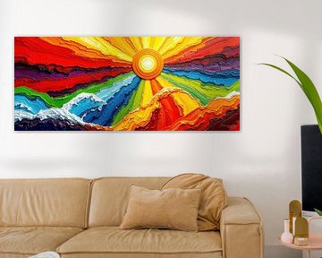 Geboren in het licht van de rijzende zon - Een abstracte zon in het spectrumBorn in the light of the rising sun - Een stralende zon in het spectrum van de regenboog als symbool van oorsprong, beweging en de samensmelting van natuur en emotie Emotie