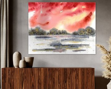 Abstract goudgrijs landschap tegen een rode lucht
