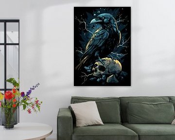 Raaf op schedel tijdens onweer van Pixelbull Design