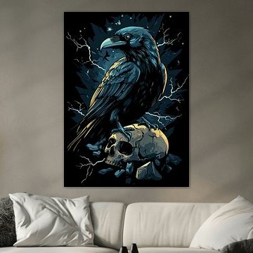 Raven on skull during thunderstorm