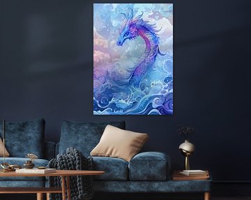 Un dragon des mers multicolore au-dessus d'un océan agité