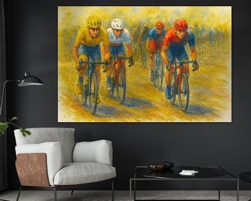 De laatste demarage (wielrenners Tour de France peloton sport wedstrijk stoer mancave mannenaquarel schilderij)