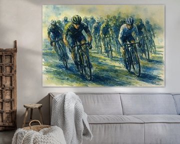 De kopgroep breekt los (wielrenners peloton blauw groen stoer aquarel schilderij mancave voor mannen)