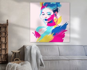 Expressief vrouwelijk portret in neonkleuren – moderne popart muurdecoratie van Karina Brouwer