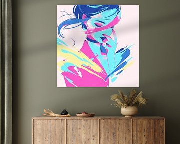 Neon art portret – krachtig en kleurrijk vrouwelijk gezicht op roze achtergrond van Karina Brouwer