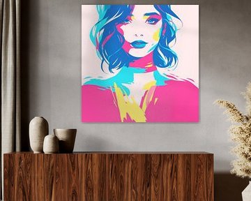 Kleurrijk abstract vrouwportret – popart schilderij in roze, blauw en geel van Karina Brouwer