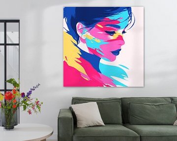 Statement piece vrouwportret – kleurrijke moderne kunst in popart stijl van Karina Brouwer