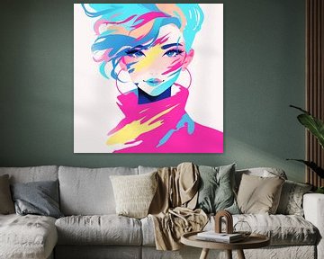 Vrouwelijk portret in felle kleuren – neon popart kunstwerk voor je muur van Karina Brouwer