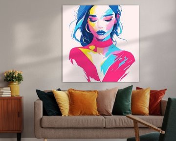 Abstract neon vrouwportret – kleurrijke wanddecoratie in popart look van Karina Brouwer