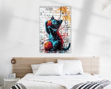 Kat met bol garen street art van Art & Soul Creations