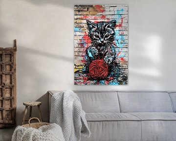 Graffiti kat met wol bol van Art & Soul Creations