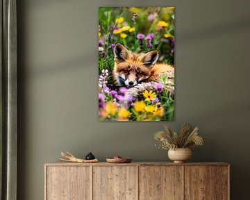 Renard endormi dans un champ de fleurs sur Imperial Art House