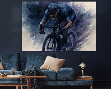 Volle sprint (solo wielrenner donker krachtig emotie mancave doorzettingsvermogen sportief aquarel schilderij )