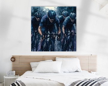 In formatie (stoer donker blauw aquarel schilderij groep mannen mancave sportief teamgeest)