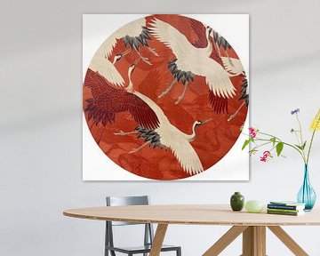 Witte en rode kraanvogels op warm rood zijde [rond] van Affect Fotografie