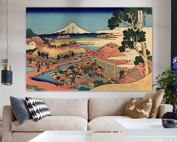 Hokusai Katsushika - De theeplantage van Katakura in de provincie Suruga ca. 1830 | Sereen Ukiyo-e uitzicht op de groene theevelden van Japan