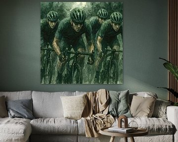Samen vooruit (stoer schilderij met groep wielrenners sportief mancave mannen Artificial Intelligence AI )