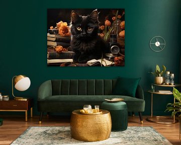 Cute Black Cat and Flowers