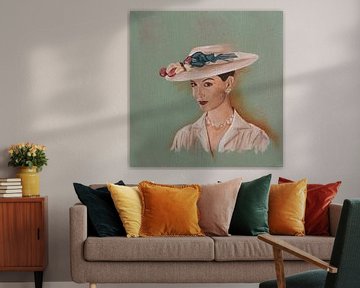 Oil portrait woman with beige hat by Jennemie De Beer