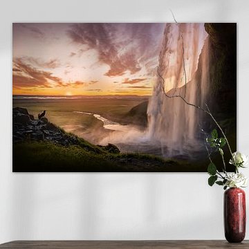 Isländischer Schafhirte bei Sonnenuntergang am Seljalandsfoss