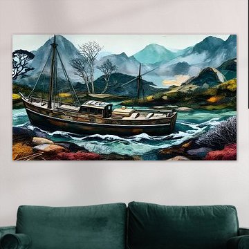 Fishing boat in a raging river