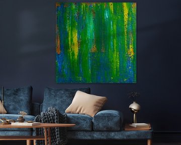 Abstract schilderij, landschap, groen, blauw, geel en oranje van Joriali Abstract