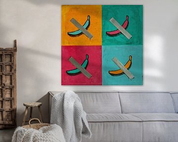 Popart schilderij van een banaan met tape, in geel, turquoise, roze en lichtblauw van BowiScapes abstract en digitale kunst