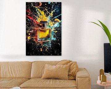 Colourful perfume bottle with splashes by Imperial Art House