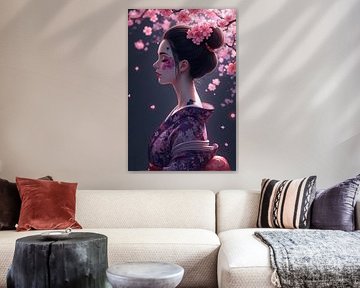 Pink Blossom - Chinese Woman's Face with Floral Painting by Kleurenrijk