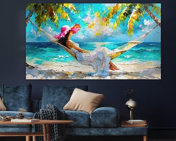 In de schaduw van palmbomen - vrouw met roze zonnehoed in witte jurk droomt in een hangmat op een Caribisch strand onder de gouden zon van AidasignArt
