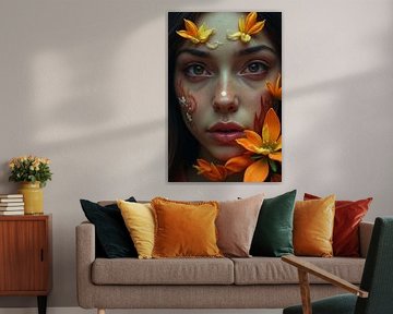 Floral Whispering - Female Portrait with White and Orange Flowers