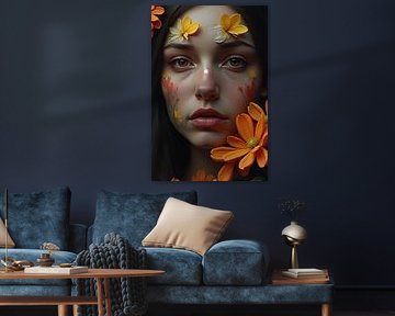 Floral Poetry - Female Portrait with White and Orange Flower Accents