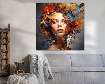 young woman portrait with colourful splashes abstract wave background art design by Animaflora PicsStock