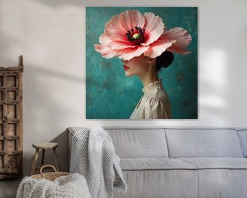 Flower Magic - Woman with Elegant Flower on Blue Background