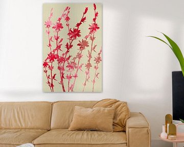 Zomerbloemen in neonroze en licht terra op crèmekleurig linnen van Dina Dankers