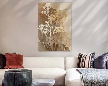 Botanical art in warm brown colors on linen by Dina Dankers