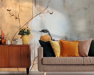 Bird on branch in Gold by Caroline Guerain