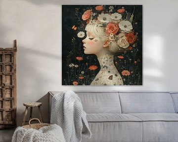 Blumenkopf | Junge Damen Porträt in Blumen von Blickfänger Gemälde